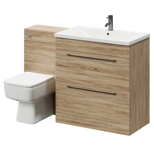 Napoli Bordalino Oak 1300mm Vanity Unit Toilet Suite with 1 Tap Hole Basin and 2 Drawers with Gunmetal Grey Handles Right Hand View