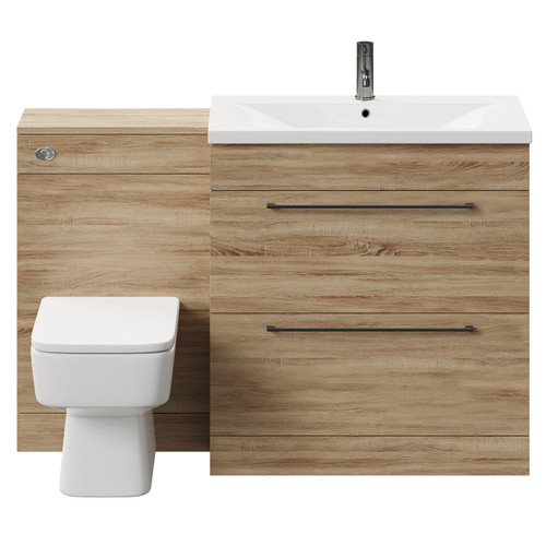 Napoli Bordalino Oak 1300mm Vanity Unit Toilet Suite with 1 Tap Hole Basin and 2 Drawers with Gunmetal Grey Handles Front View