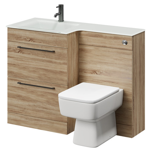 Venice Square Bordalino Oak 1100mm Vanity Unit Toilet Suite with Left Hand White Glass 1 Tap Hole Basin and 2 Drawers with Gunmetal Grey Handles Right Hand View