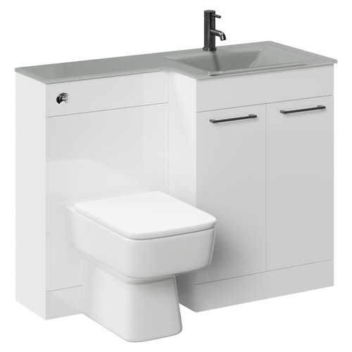 Venice Square Gloss White 1100mm Vanity Unit Toilet Suite with Right Hand Grey Glass 1 Tap Hole Basin and 2 Doors with Gunmetal Grey Handles Left Hand View