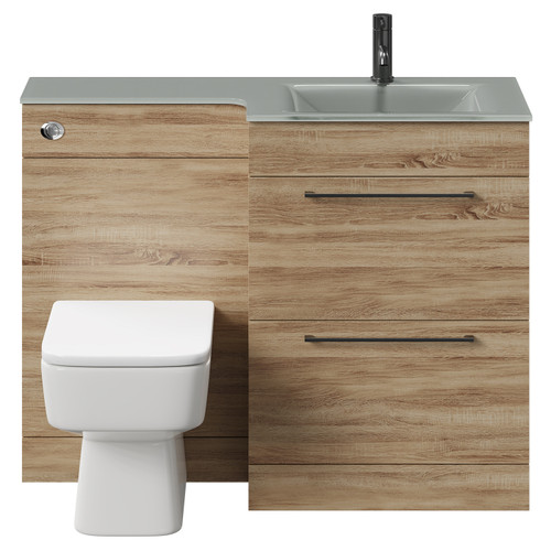 Venice Square Bordalino Oak 1100mm Vanity Unit Toilet Suite with Right Hand Grey Glass 1 Tap Hole Basin and 2 Drawers with Gunmetal Grey Handles Front View