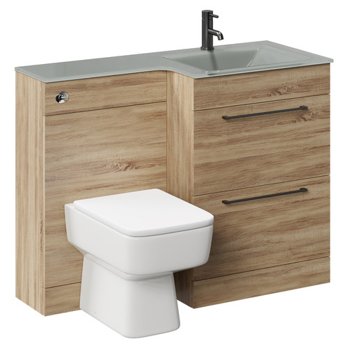 Venice Square Bordalino Oak 1100mm Vanity Unit Toilet Suite with Right Hand Grey Glass 1 Tap Hole Basin and 2 Drawers with Gunmetal Grey Handles Left Hand View