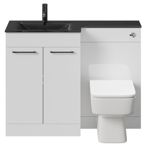 Venice Square Gloss White 1100mm Vanity Unit Toilet Suite with Left Hand Anthracite Glass 1 Tap Hole Basin and 2 Doors with Gunmetal Grey Handles Front View