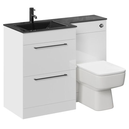 Venice Square Gloss White 1100mm Vanity Unit Toilet Suite with Left Hand Anthracite Glass 1 Tap Hole Basin and 2 Drawers with Gunmetal Grey Handles Left Hand View