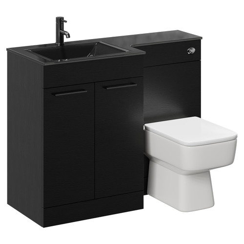 Venice Square Nero Oak 1100mm Vanity Unit Toilet Suite with Left Hand Anthracite Glass 1 Tap Hole Basin and 2 Doors with Gunmetal Grey Handles Left Hand View