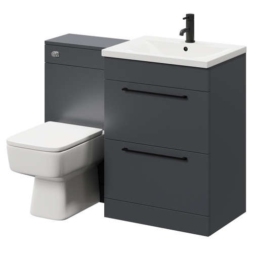 Napoli Gloss Grey 1100mm Vanity Unit Toilet Suite with 1 Tap Hole Basin and 2 Drawers with Matt Black Handles Right Hand View