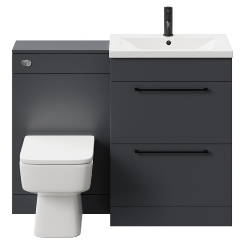 Napoli Gloss Grey 1100mm Vanity Unit Toilet Suite with 1 Tap Hole Basin and 2 Drawers with Matt Black Handles Front View