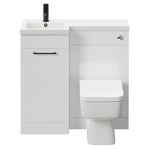 Napoli Combination Gloss White 900mm Vanity Unit Toilet Suite with Left Hand L Shaped 1 Tap Hole Basin and Single Door with Matt Black Handle Front View