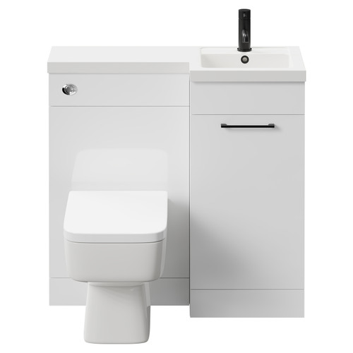 Napoli Combination Gloss White 900mm Vanity Unit Toilet Suite with Right Hand L Shaped 1 Tap Hole Basin and Single Door with Matt Black Handle Front View