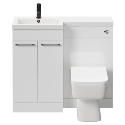 Napoli Combination Gloss White 1000mm Vanity Unit Toilet Suite with Left Hand L Shaped 1 Tap Hole Basin and 2 Doors with Matt Black Handles Front View