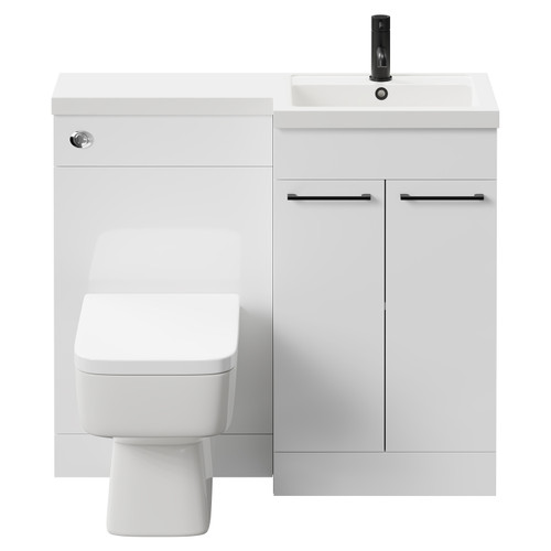 Napoli Combination Gloss White 1000mm Vanity Unit Toilet Suite with Right Hand L Shaped 1 Tap Hole Basin and 2 Doors with Matt Black Handles Front View