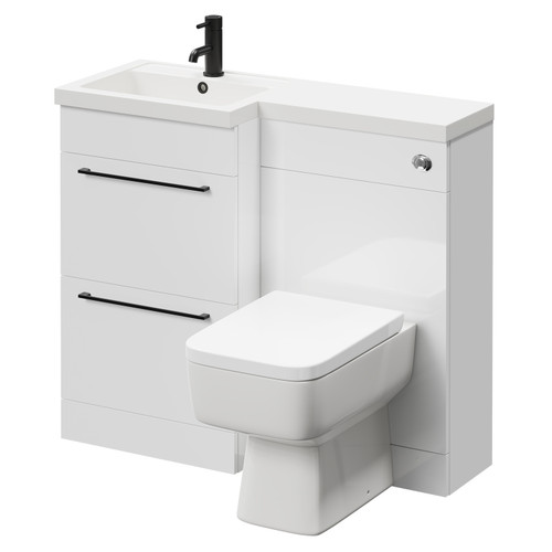 Napoli Combination Gloss White 1000mm Vanity Unit Toilet Suite with Left Hand L Shaped 1 Tap Hole Basin and 2 Drawers with Matt Black Handles Right Hand Side View