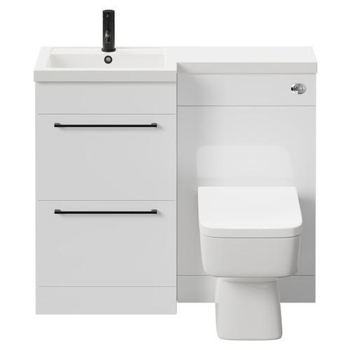 Napoli Combination Gloss White 1000mm Vanity Unit Toilet Suite with Left Hand L Shaped 1 Tap Hole Basin and 2 Drawers with Matt Black Handles Front View