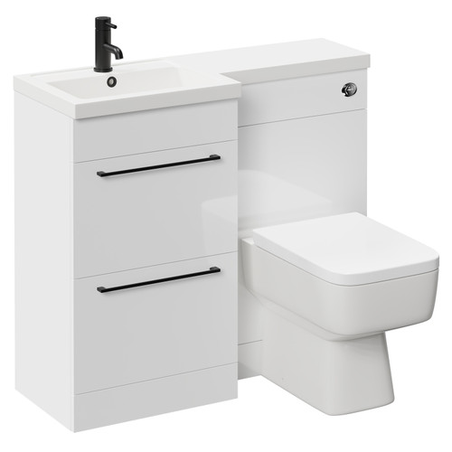 Napoli Combination Gloss White 1000mm Vanity Unit Toilet Suite with Left Hand L Shaped 1 Tap Hole Basin and 2 Drawers with Matt Black Handles Left Hand Side View