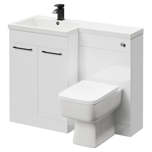 Napoli Combination Gloss White 1100mm Vanity Unit Toilet Suite with Left Hand L Shaped 1 Tap Hole Basin and 2 Doors with Matt Black Handles Right Hand Side View