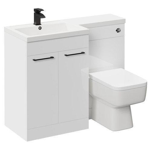 Napoli Combination Gloss White 1100mm Vanity Unit Toilet Suite with Left Hand L Shaped 1 Tap Hole Basin and 2 Doors with Matt Black Handles Left Hand Side View