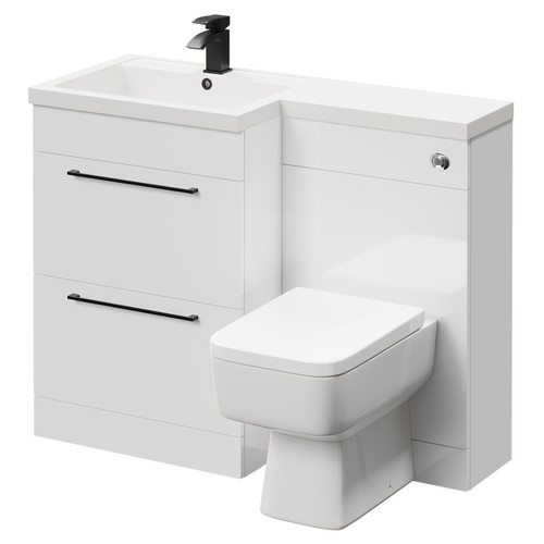 Napoli Combination Gloss White 1100mm Vanity Unit Toilet Suite with Left Hand L Shaped 1 Tap Hole Basin and 2 Drawers with Matt Black Handles Right Hand Side View