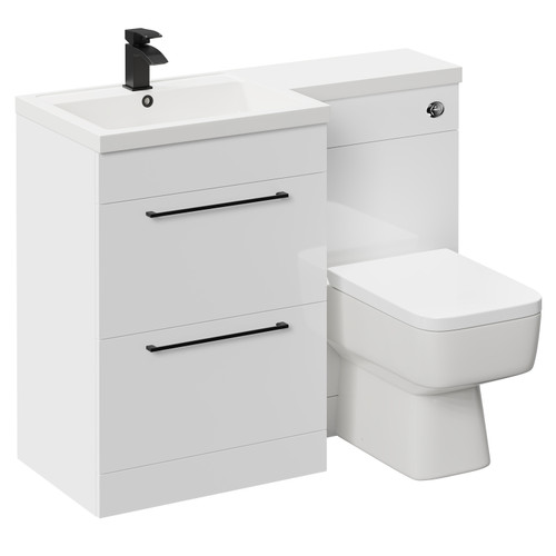 Napoli Combination Gloss White 1100mm Vanity Unit Toilet Suite with Left Hand L Shaped 1 Tap Hole Basin and 2 Drawers with Matt Black Handles Left Hand Side View