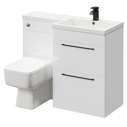 Napoli Combination Gloss White 1100mm Vanity Unit Toilet Suite with Right Hand L Shaped 1 Tap Hole Basin and 2 Drawers with Matt Black Handles Right Hand Side View
