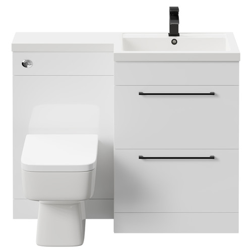 Napoli Combination Gloss White 1100mm Vanity Unit Toilet Suite with Right Hand L Shaped 1 Tap Hole Basin and 2 Drawers with Matt Black Handles Front View