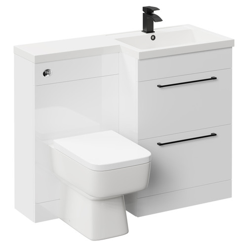 Napoli Combination Gloss White 1100mm Vanity Unit Toilet Suite with Right Hand L Shaped 1 Tap Hole Basin and 2 Drawers with Matt Black Handles Left Hand Side View