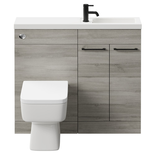 Napoli Combination Molina Ash 1000mm Vanity Unit Toilet Suite with Slimline 1 Tap Hole Basin and 2 Doors with Matt Black Handles Front View
