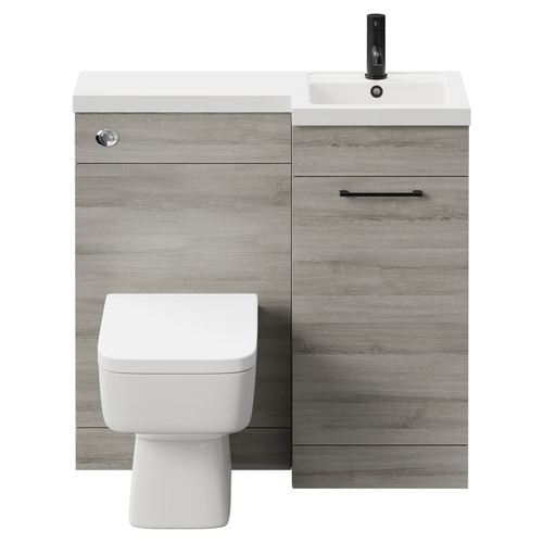 Napoli Combination Molina Ash 900mm Vanity Unit Toilet Suite with Right Hand L Shaped 1 Tap Hole Basin and Single Door with Matt Black Handle Front View