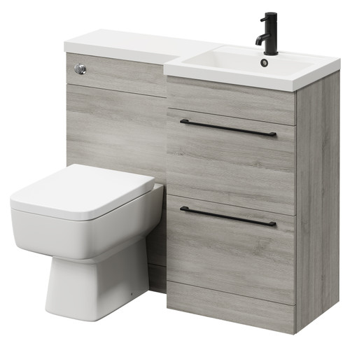 Napoli Combination Molina Ash 1000mm Vanity Unit Toilet Suite with Right Hand L Shaped 1 Tap Hole Basin and 2 Drawers with Matt Black Handles Right Hand Side View