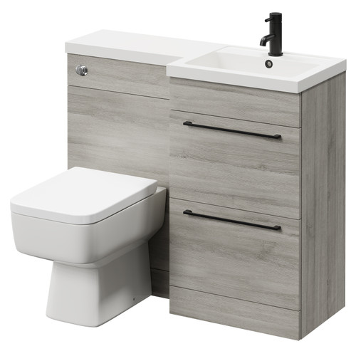 Napoli Combination Molina Ash 1000mm Vanity Unit Toilet Suite with Right Hand L Shaped 1 Tap Hole Basin and 2 Drawers with Matt Black Handles Right Hand View
