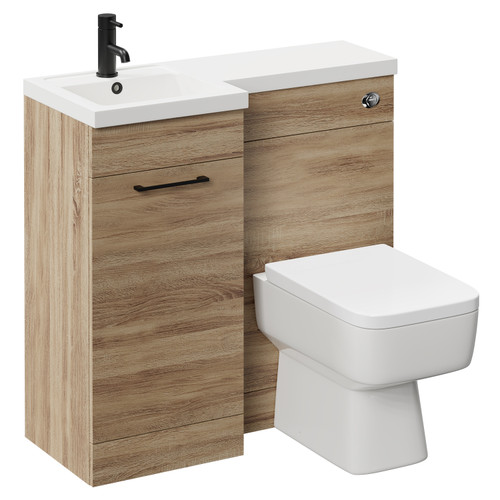 Napoli Combination Bordalino Oak 900mm Vanity Unit Toilet Suite with Left Hand L Shaped 1 Tap Hole Basin and Single Door with Matt Black Handle Left Hand Side View