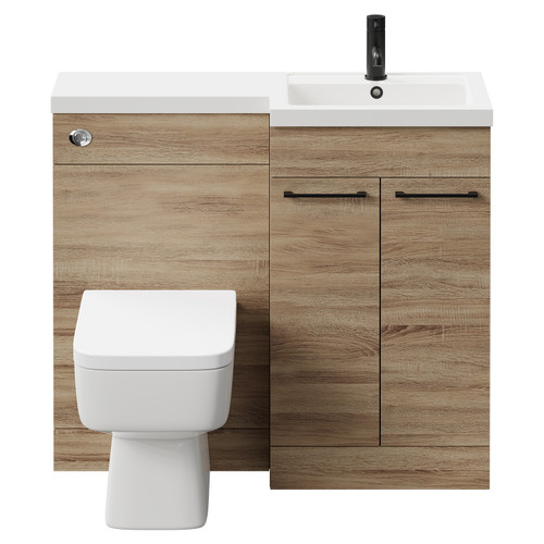 Napoli Combination Bordalino Oak 1000mm Vanity Unit Toilet Suite with Right Hand L Shaped 1 Tap Hole Basin and 2 Doors with Matt Black Handles Front View