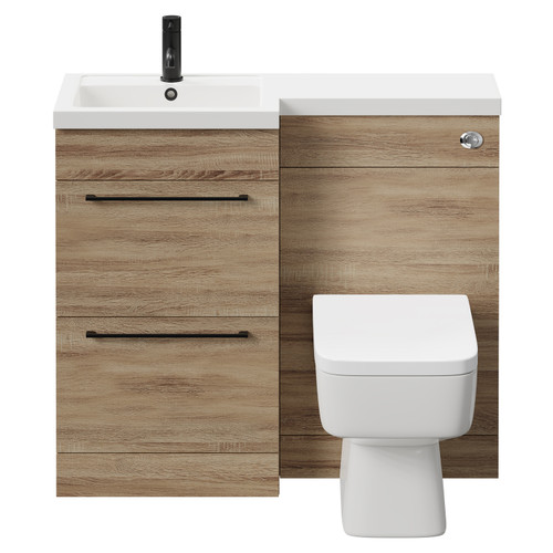 Napoli Combination Bordalino Oak 1000mm Vanity Unit Toilet Suite with Left Hand L Shaped 1 Tap Hole Basin and 2 Drawers with Matt Black Handles Front View