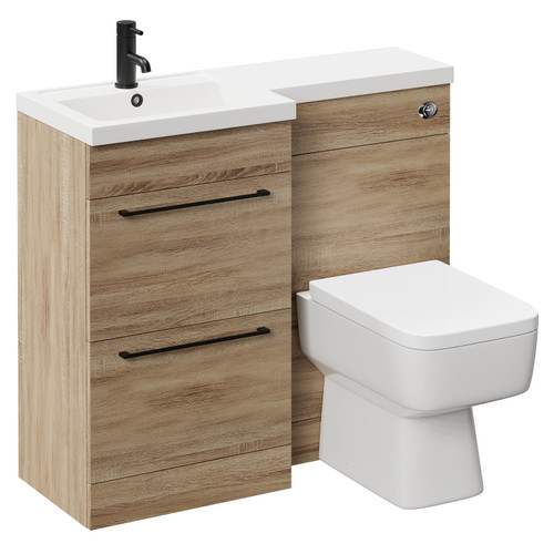 Napoli Combination Bordalino Oak 1000mm Vanity Unit Toilet Suite with Left Hand L Shaped 1 Tap Hole Basin and 2 Drawers with Matt Black Handles Left Hand Side View