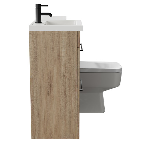 Napoli Combination Bordalino Oak 1000mm Vanity Unit Toilet Suite with Left Hand L Shaped 1 Tap Hole Basin and 2 Drawers with Matt Black Handles Side on View