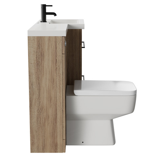 Napoli Combination Bordalino Oak 1000mm Vanity Unit Toilet Suite with Right Hand L Shaped 1 Tap Hole Basin and 2 Drawers with Matt Black Handles Side on View