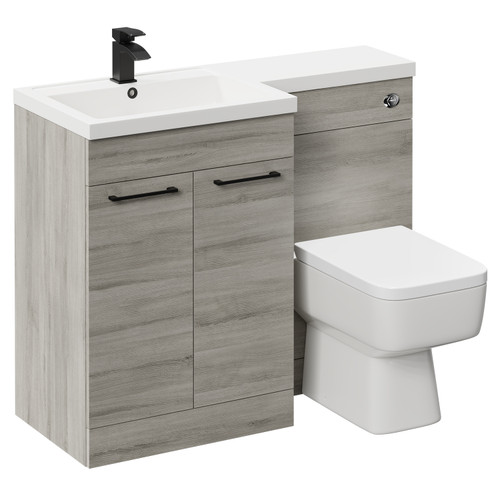 Napoli Combination Molina Ash 1100mm Vanity Unit Toilet Suite with Left Hand L Shaped 1 Tap Hole Basin and 2 Doors with Matt Black Handles Left Hand View