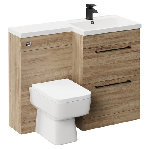 Napoli Combination Bordalino Oak 1100mm Vanity Unit Toilet Suite with Right Hand L Shaped 1 Tap Hole Basin and 2 Drawers with Matt Black Handles Left Hand Side View