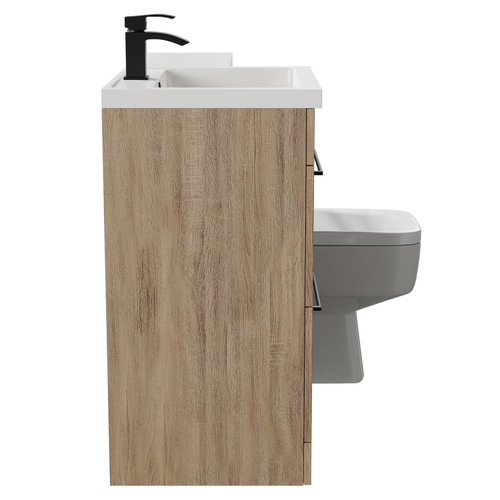 Napoli Combination Bordalino Oak 1100mm Vanity Unit Toilet Suite with Left Hand L Shaped 1 Tap Hole Basin and 2 Drawers with Matt Black Handles Side on View