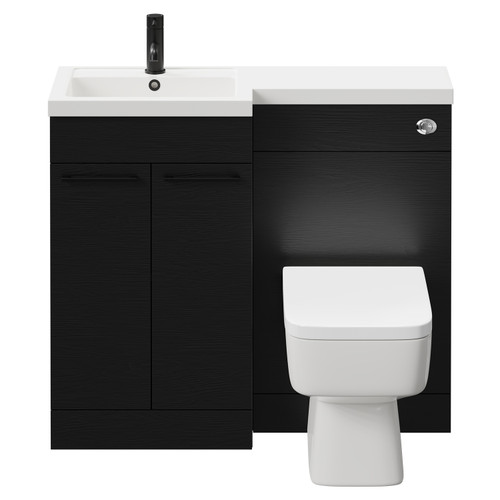 Napoli Combination Nero Oak 1000mm Vanity Unit Toilet Suite with Left Hand L Shaped 1 Tap Hole Basin and 2 Doors with Matt Black Handles Front View