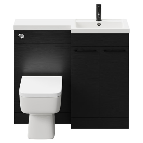 Napoli Combination Nero Oak 1000mm Vanity Unit Toilet Suite with Right Hand L Shaped 1 Tap Hole Basin and 2 Doors with Matt Black Handles Front View