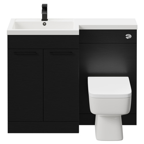 Napoli Combination Nero Oak 1100mm Vanity Unit Toilet Suite with Left Hand L Shaped 1 Tap Hole Basin and 2 Doors with Matt Black Handles Front View