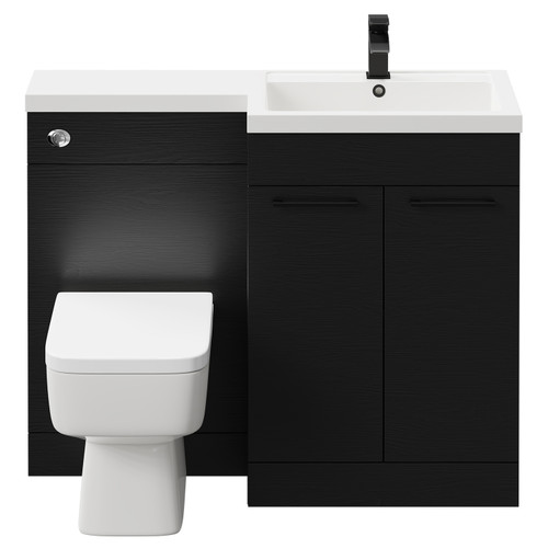 Napoli Combination Nero Oak 1100mm Vanity Unit Toilet Suite with Right Hand L Shaped 1 Tap Hole Basin and 2 Doors with Matt Black Handles Front View