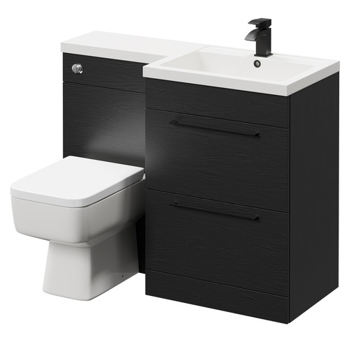 Napoli Combination Nero Oak 1100mm Vanity Unit Toilet Suite with Right Hand L Shaped 1 Tap Hole Basin and 2 Drawers with Matt Black Handles Right Hand Side View