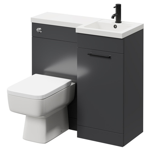 Napoli Combination Gloss Grey 900mm Vanity Unit Toilet Suite with Right Hand L Shaped 1 Tap Hole Basin and Single Door with Matt Black Handle Right Hand Side View