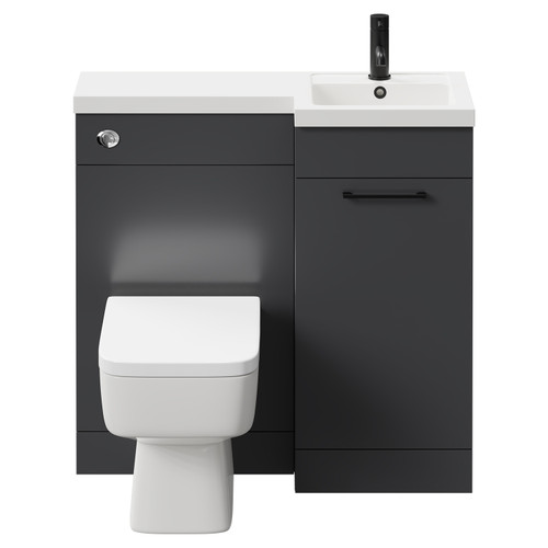 Napoli Combination Gloss Grey 900mm Vanity Unit Toilet Suite with Right Hand L Shaped 1 Tap Hole Basin and Single Door with Matt Black Handle Front View