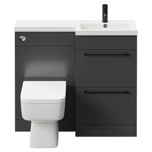 Napoli Combination Gloss Grey 1000mm Vanity Unit Toilet Suite with Right Hand L Shaped 1 Tap Hole Basin and 2 Drawers with Matt Black Handles Front View