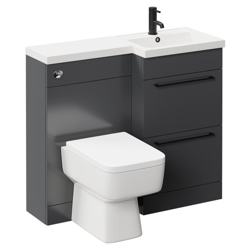 Napoli Combination Gloss Grey 1000mm Vanity Unit Toilet Suite with Right Hand L Shaped 1 Tap Hole Basin and 2 Drawers with Matt Black Handles Left Hand Side View