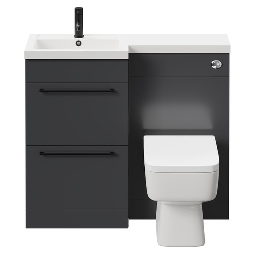 Napoli Combination Gloss Grey 1000mm Vanity Unit Toilet Suite with Left Hand L Shaped 1 Tap Hole Basin and 2 Drawers with Matt Black Handles Front View