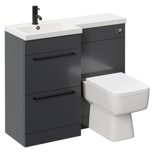 Napoli Combination Gloss Grey 1000mm Vanity Unit Toilet Suite with Left Hand L Shaped 1 Tap Hole Basin and 2 Drawers with Matt Black Handles Left Hand Side View