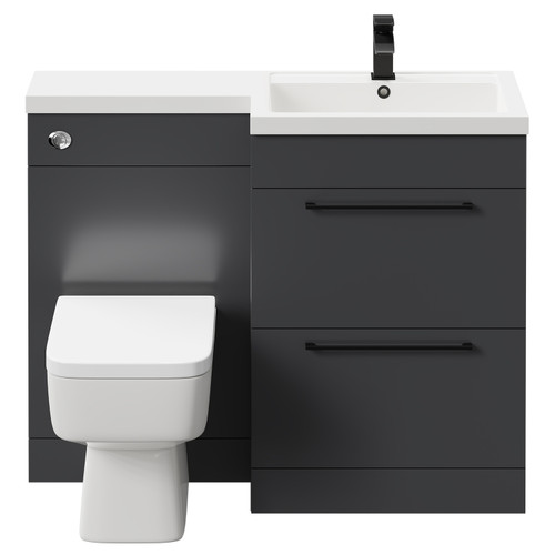 Napoli Combination Gloss Grey 1100mm Vanity Unit Toilet Suite with Right Hand L Shaped 1 Tap Hole Basin and 2 Drawers with Matt Black Handles Front View